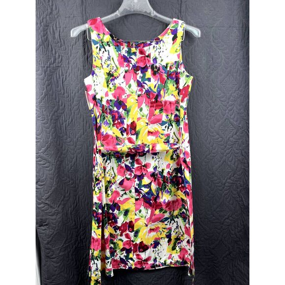 Elementz Pink White Floral Vertical Seam Belted Fit & Flare Dress SZ S:Pre-Owned - Picture 2 of 5